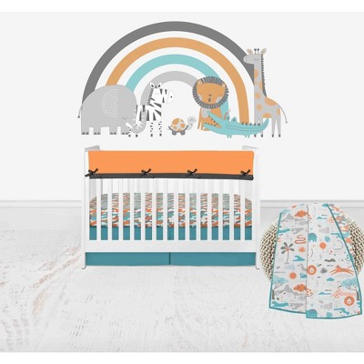 Bacati - Jungle Safari Boys Aqua/Orange Muslin 5 pc Crib Bedding Set with Long Crib Rail Guard Cover