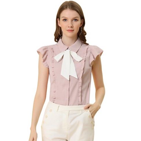 Women Front Frilly Bow Tie Ruffle Solid Chiffon Blouse Long Sleeve Shirt  Tops