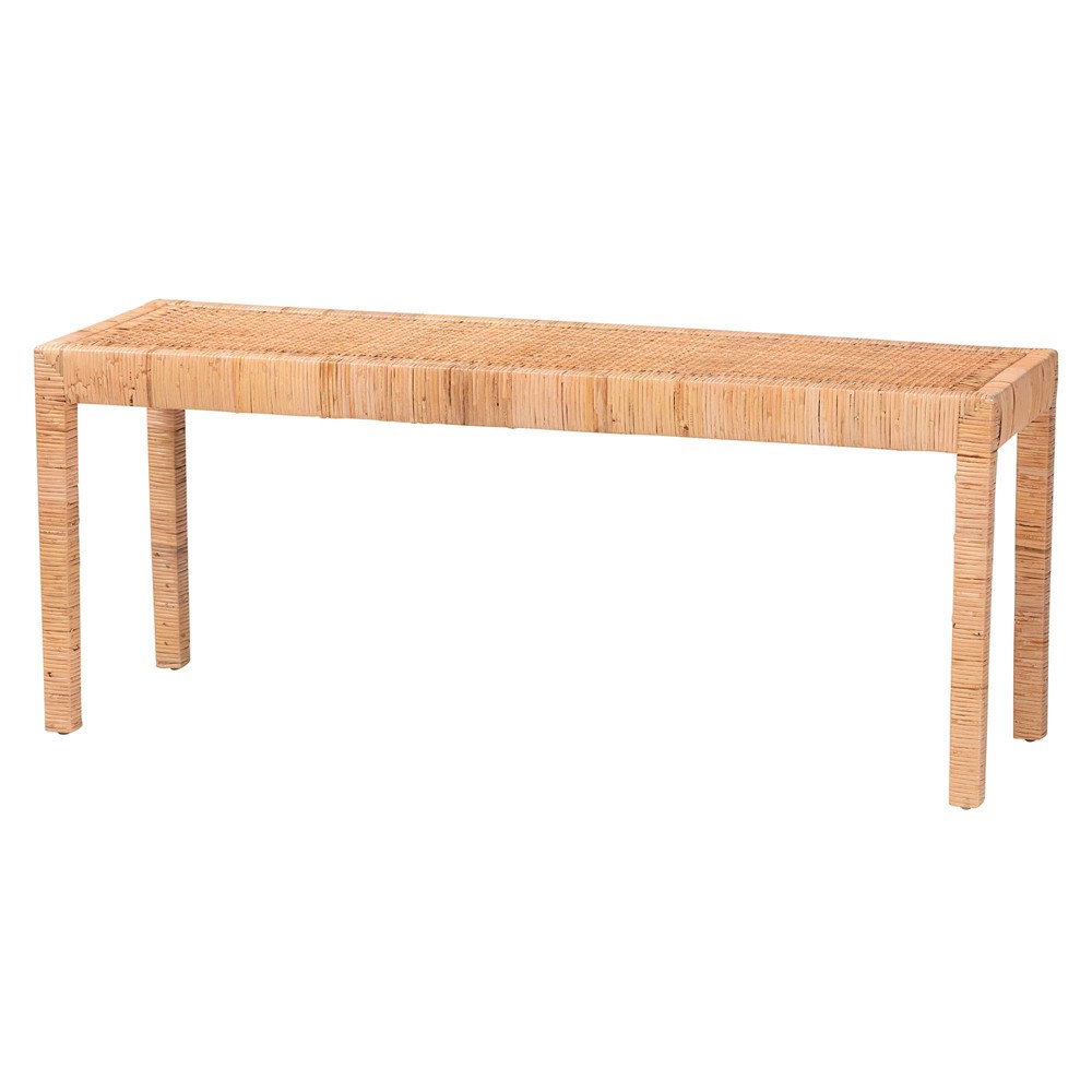 Abelia Natural Rattan and Mahogany Wood Long Accent Bench Natural Brown - Baxton Studio