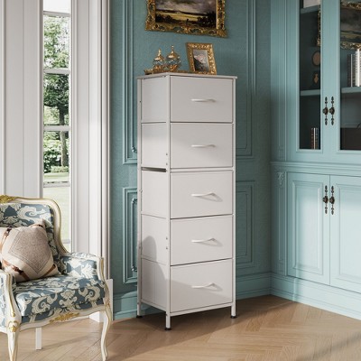 5-Drawer Tall Fabric Dresser with Wood Top, Storage Organizer Chest for Bedroom, Closet, Hallway, Sturdy Steel Frame