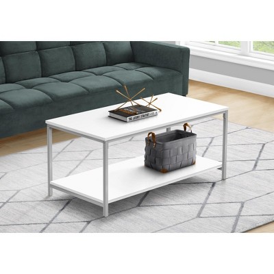 Coffee Table, Accent, Cocktail, Rectangular, Living Room, 40inl, White Laminate, Grey Metal, Contemporary, Modern