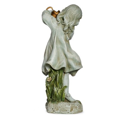 Gray Resin Girl with Bronze Watering Can Garden Statue
