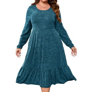 YESFASHION Women's Plus Size Dresses Long Sleeves Crew Neck Casual Ribbed Knit Sweater Loose Flowy Dress with Pockets - 1 of 4