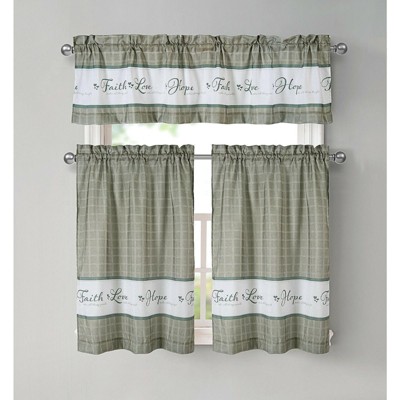Kate Aurora Country Living Gingham Check Hope Faith Love 3 Pc Cafe Kitchen Curtain Set