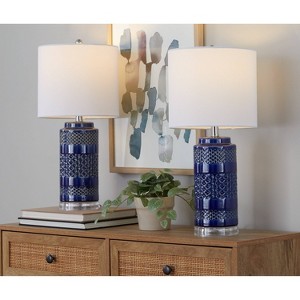 LumiSource Casa 21 Ceramic Table Lamps with Polished Nickel Accents White Linen Drum Shade Set of 2
