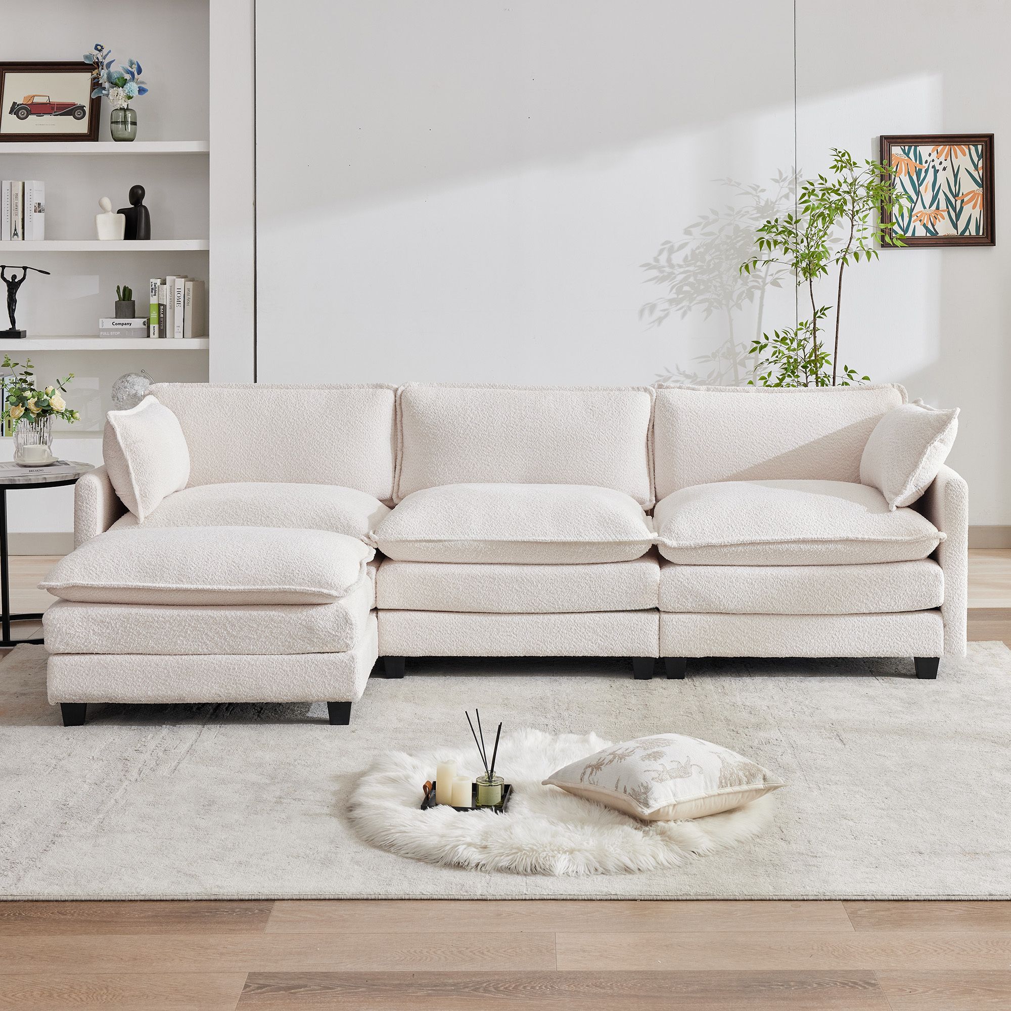 HYLEORY Sectional Sofa with Ottoman, L Shaped Free Combination Circle Velvet Sectional Couch Furniture Sets for Living Room, Beige