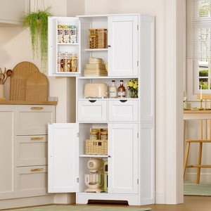 Usikey Kitchen Pantry Cabinet with Adjustable Shelf, Tall Storage Cabinet with 2 Drawers & 4 Door Shelves, Pantry Cabinets for Dining Room, White - 1 of 4