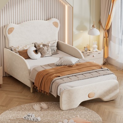 Twin XL Size Stretchable Sofa Bed Platform Bed with Bear Shaped Headboard, Flannel Upholstered, Beige-ModernLuxe