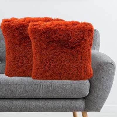Rust Orange Shaggy Faux Fur Throw Pillows Set of 2