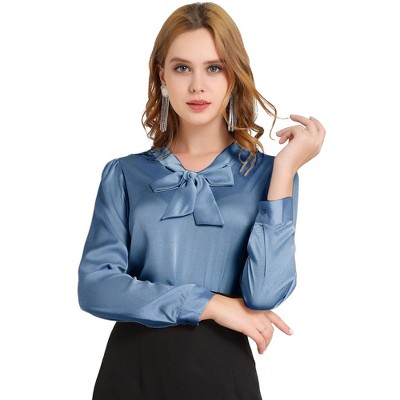 INSPIRE CHIC Women's Tie Neck Satin Long Sleeve Solid Color Blouse