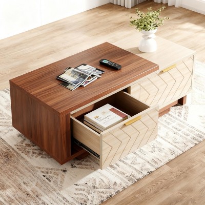 Gulches Dual-Tone Expandable Coffee Table (Walnut and Oak Veneer), 2 Drawers with V-Shaped Grain and Brass Hardware