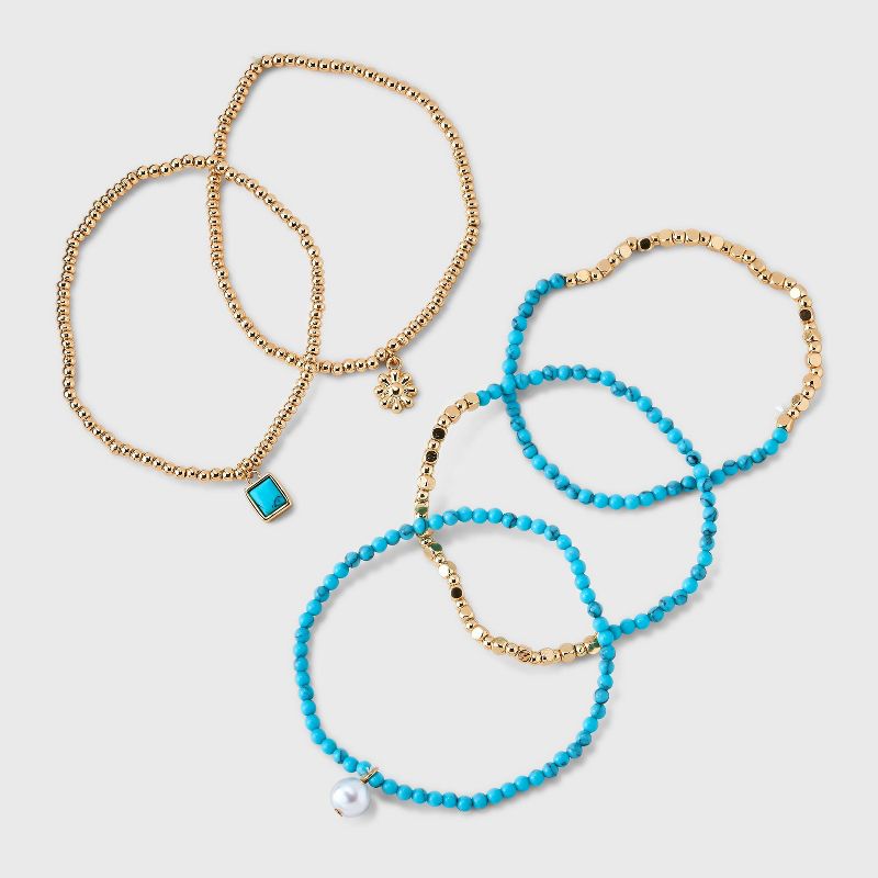 Beaded Stretch Charm Bracelet Set w Semi Precious Turquoise Set 5pc - Universal Thread&#8482; Gold/Turquoise, 4 of 8
