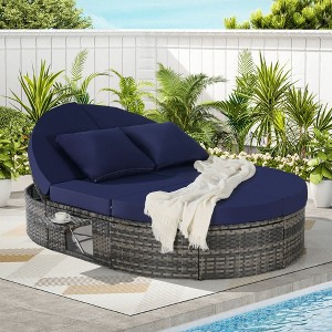 Outdoor Patio Round Daybed with Adjustable Backrests, Foldable Cup Trays, and Cushions - Reclining Wicker Rattan Sun Bed with Pillows - 1 of 4