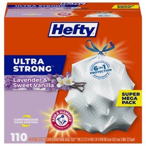 Hefty Ultra Strong Lavender & Sweet Vanilla Tall Kitchen Drawstring Trash Bags - 13gal/110ct - 1 of 4