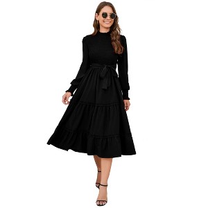 Women's Ruffle Mock Neck Long Sleeve Smocked Midi Dress Casual Floral Print Elastic Waist Tiered Long Dress - 1 of 4