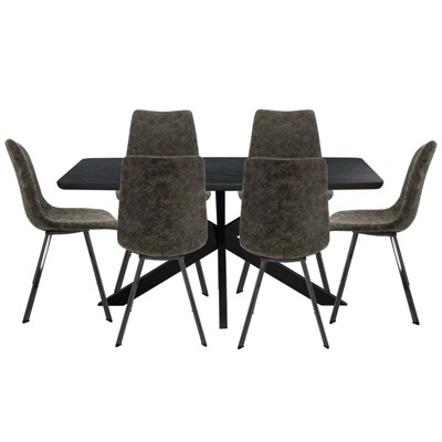 LeisureMod Ravenna 7-Piece Dining Set, 1 X-Shape Base Table 6 Dining Chairs