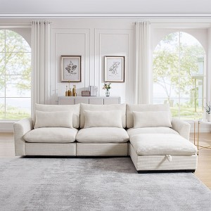 Corduroy Sectional Sofa, L Shaped Couch with Storage Footstool and 3 Pillow, Sectional Couch for Living Room Apartment - 1 of 4