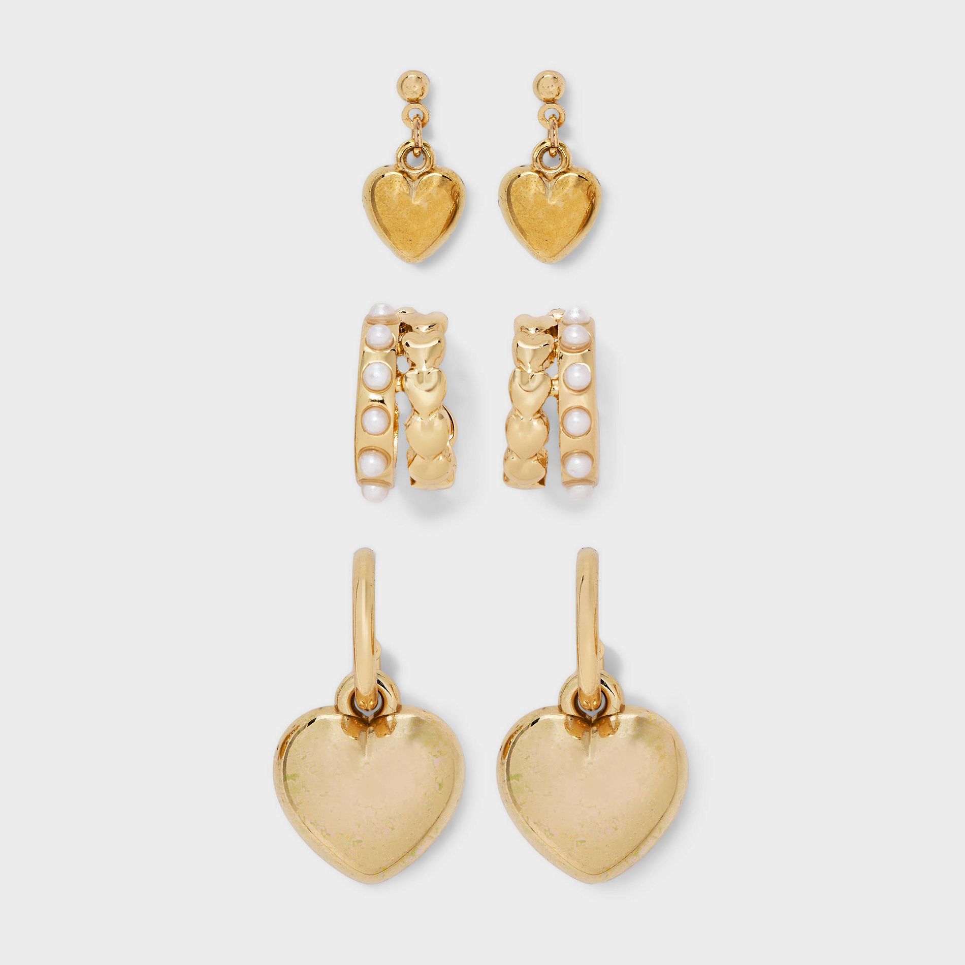Pearl and Heart Hoop Trio Earring Set - Wild Fable™ Gold