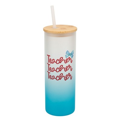 Elanze Designs 25 Ounce Frosted Glass Gradient Travel Tumbler With Straw and Wooden Lid, Teacher Sky Blue