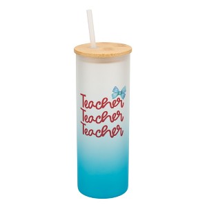 Elanze Designs 25 Ounce Frosted Glass Gradient Travel Tumbler With Straw and Wooden Lid, Teacher Sky Blue - 1 of 1