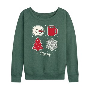 Women's - Instant Message - Merry Christmas Grid Snowman Cocoa Tree Snowflake Lightweight French Terry Slouchy - 1 of 4