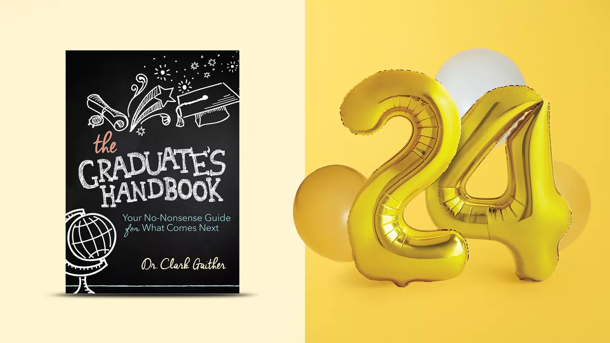 Gold foil number 24 balloons in the main area with gifts such as the graduates handbook and the Fujifilm Instax