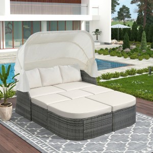 Outdoor Patio Furniture Set Daybed Sunbed with Retractable Canopy Conversation Set Wicker Furniture - 1 of 4