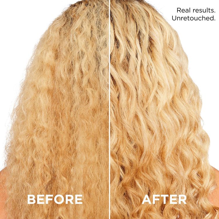 Side-by-side comparison showing frizzy blonde hair labeled "BEFORE" and smoother, defined curls labeled "AFTER" with the text "Real results. Unretouched."