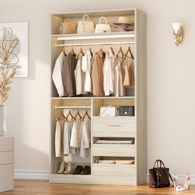 Aheaplus 36'' W Freestanding Walk-in Closet Organizer System with 2 Hanging Rods and 3 Wood Drawers