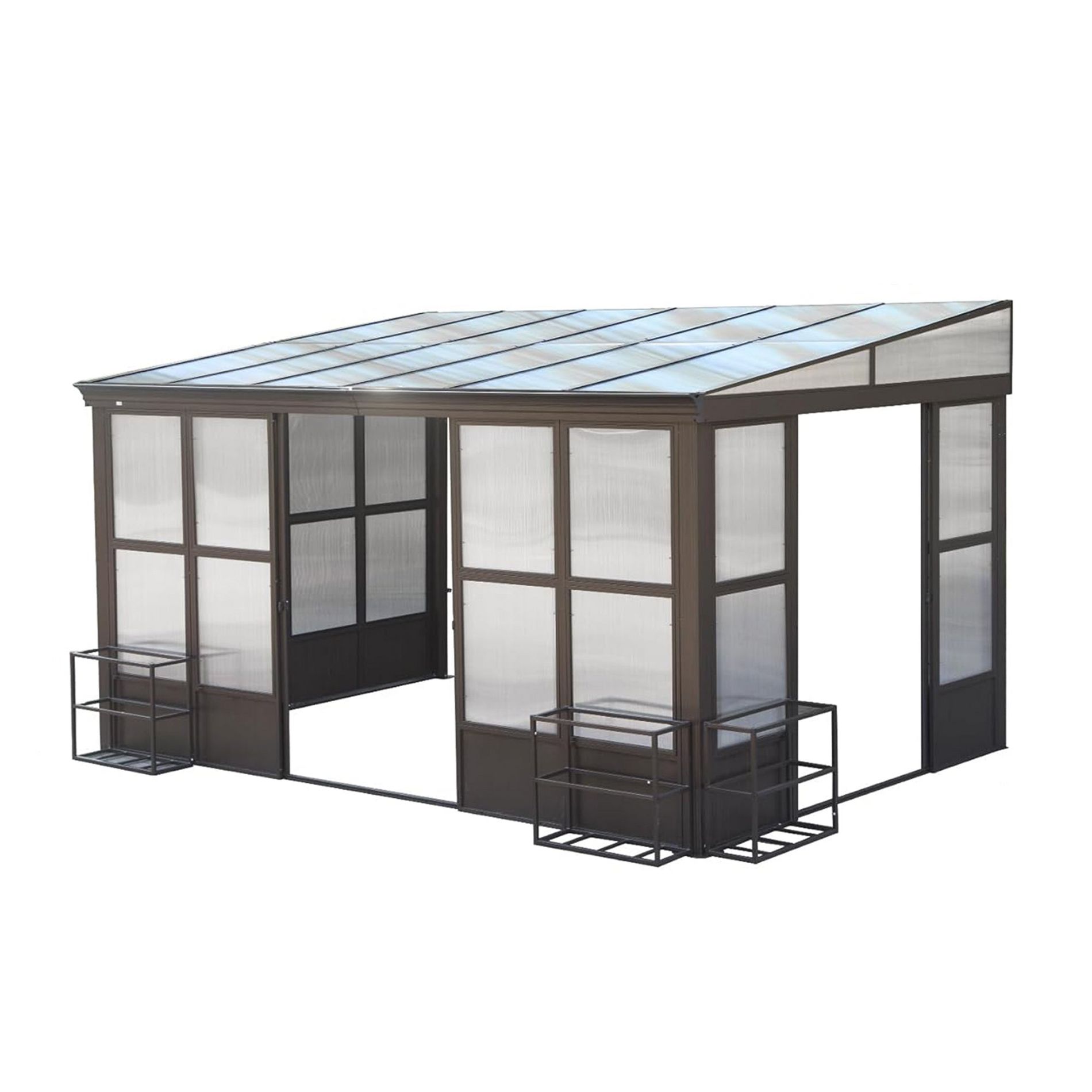 Mondawe Lean to Sunroom 10x14FT, Wall Mounted Solarium with Sloping Polycarbonate Roof, Detachable Screens and 2 Lockable Sliding Doors