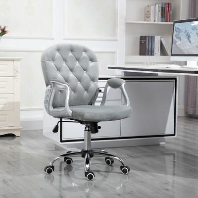 Vynxaria Velvet Home Office Chair, Button Tufted Desk Chair with Padded Armrests, Adjustable Height and Swivel Wheels, Gray