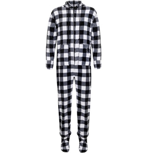 Adr Men's Hooded Footed Adult Onesie Pajamas Set, Plush Winter Pjs With  Hood White Buffalo Check Plaid Footed X Large : Target