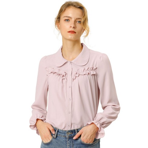 Allegra K Women's Button Down Ruffle Blouse Peter Pan Collar Work Shirt  Pink X Large