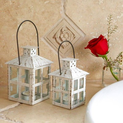 Small Vintage White Distressed Metal Candle Lantern