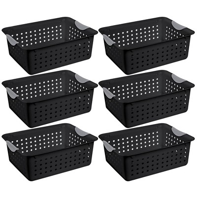 Sterilite Medium Ultra Storage Basket, Closet Organizer Open Bin, Cabinets, Pantry, Shelving and Countertop Space, Black, 6-Pack