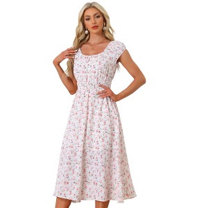 Allegra K Women's Floral Square Neck Elastic Waist Flare Maxi Sundresses - 1 of 4