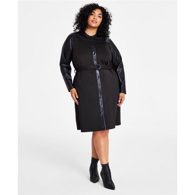 Calvin Klein Womens Faux Leather Mixed Media Shirt Dress