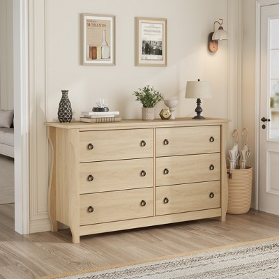 7-Drawer Dresser - Tall Boho Dresser with Curved Legs, Rattan Accents, and Freestanding Storage for Living Room, Bedroom Entryway or Balcony