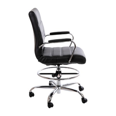Mid-Back Black Leather Swivel Drafting Chair with Silver Frame