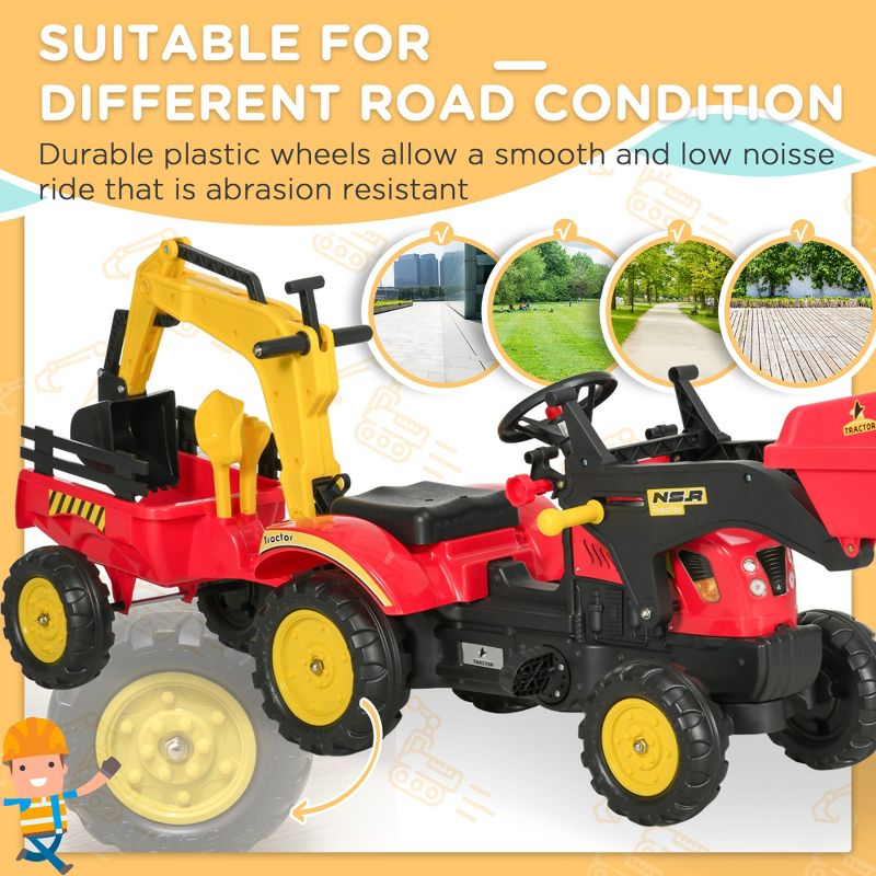 Aosom 3 in1 Kids Ride On Excavator/Bulldozer, Pedal Car Digger Toy Move Forward/Back with 6 Wheels and Detachable Cargo Trailer, Red, 6 of 10