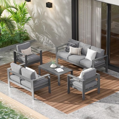 Heynemo Aluminum Outdoor Patio Furniture Set, Outdoor Sectional Metal Sofa with 5'' Cushion and Coffee Table for Balcony, Garden