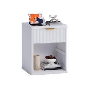 GustoWave Fluted Nightstand with Drawers, Mid Century Modern Bedside Table with Open Storage Space, Metal Handles and Rounded Corners - 1 of 4