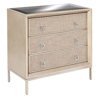 Beige Upholstered 3 Drawer Chest with Mirrored Top and Ring Handles