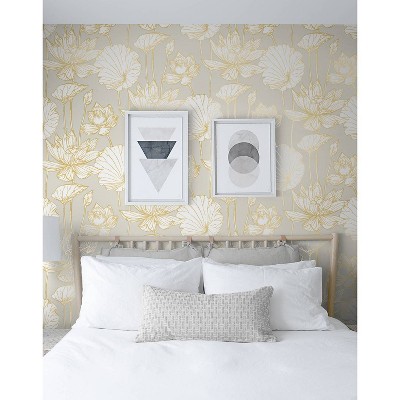 Metallic Gold and Gray Lotus Floral Peel and Stick Wallpaper