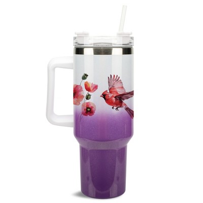 Elanze Designs Cardinal Bird Poppy Flower Garden 40 oz. Stainless Steel, Large Water Bottle Coffee Mug, Spill & Leak Resistant, Thermal Travel Tumbler