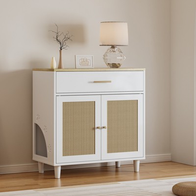 VisioGear Cat Litter Box Enclosure with Scratch Pad, Hidden Wooden Pet House Sideboard for Living Room Office, White, 31.75"*15.75"*32.75"