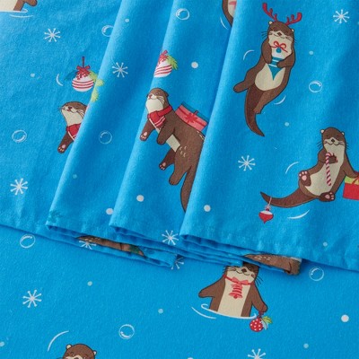 Full Size Otters in Snow Blue Cotton Flannel Sheet Set