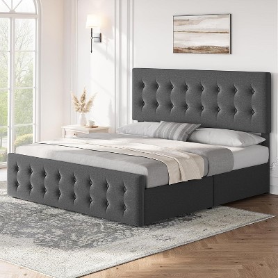 Full Size Bed Frame with 4 Storage Drawers and Headboard, Linen Upholstered Platform Bed Frame with Wooden Slats Support, Button Tufted Design, Grey