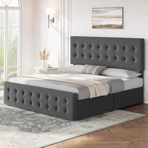 Full Size Bed Frame with 4 Storage Drawers and Headboard, Linen Upholstered Platform Bed Frame with Wooden Slats Support, Button Tufted Design, Grey - 1 of 4