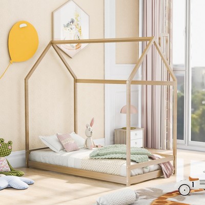 Twin Size Wood House Bed with Roof for Kids,Teens